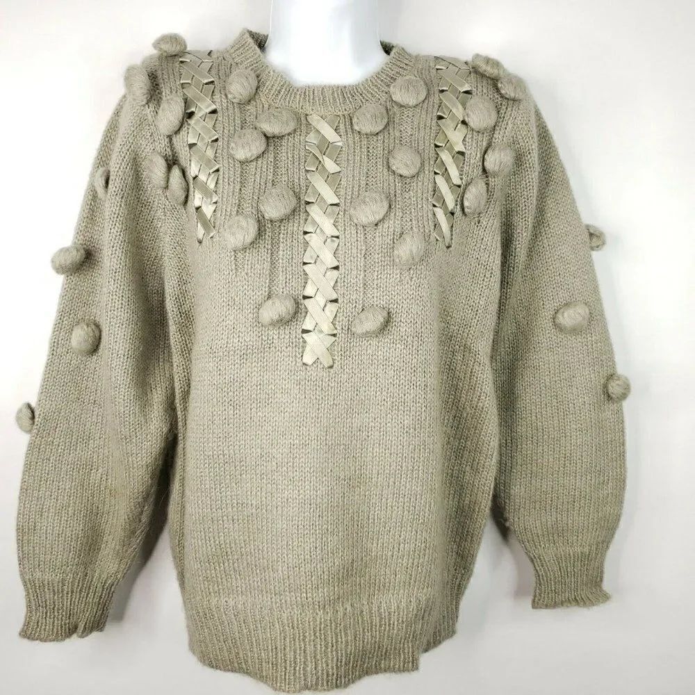 Vtg 80s Gray Angora Rabbit Sweater Ribbons Poms S
